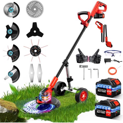 12" Débroussailleuses Electrique sans Fil a 2 21V 3.0Ah Batterie avec Roues, 4 Types Lames, Coupe-Bordure sur Batterie Se Transforme en Dresse-Bordures, Debrouissalleuses Batteries pour Jardin (1/5)