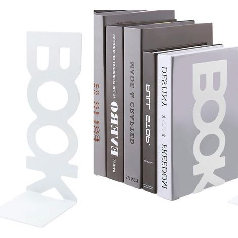 Serre-livres métalliques 2 pièces – Supports de livres décoratifs au design élégant – Porte-livres polyvalents pour étagère bureau bibliothèque maison et école – Blanc (1/5)