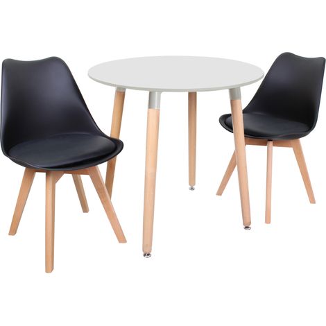 Halo Round Lorenzo Dining Set - a White Wooden Dining Table and Set of 2 Black Polypropylene Dining Chairs - Dining Room Kitchen