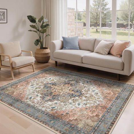 Tapis Salon Vintage 160x230cm Lavable en Machine Rug AntidéRapant Poil Ras, pour Chambre Salle a Manger Descente de Lit Bureau, Cuisine, Rose (1/5)