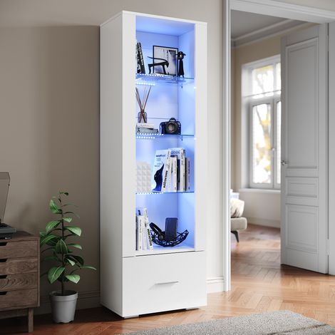 SIRHONA LED Armoire vitrine 4 compartiments avec tiroir Bibliothèque haute brillance pour salon, chambre à coucher, blanc 55x35x172cm