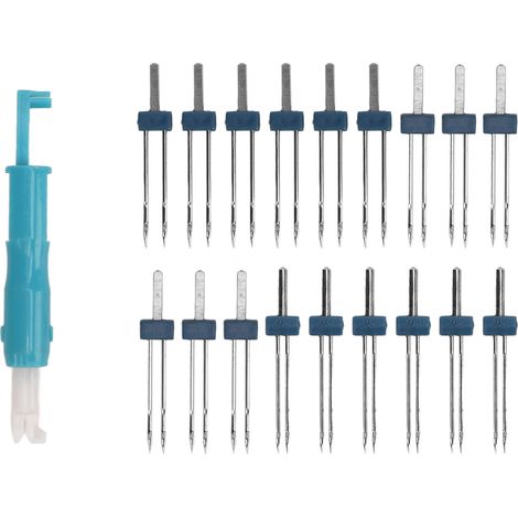 Lot de 18 aiguilles doubles pour machine à coudre, robustes en acier inoxydable, design pratique, haute résistance, avec enfileur bleu, usage couture polyvalent (1/5)