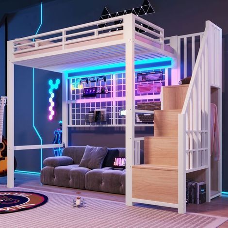Lit Mezzanine 90x200cm avec Armoire et LED - Lit Ado - Échelle de rangement, Cadre Métal Blanc, Grille, Gain de place (1/5)