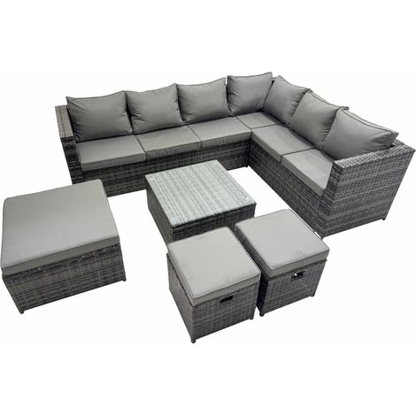 Fimous Outdoor PE Rattan Garden Furniture Sofa Set with Square Coffee Table 3 Stools Dark Grey (1/5)