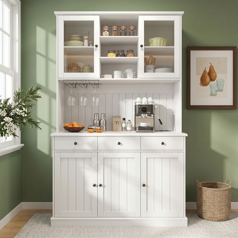 Buffet vaisselier de cuisine en bois 120x40x191cm avec portes vitrées porte-verres 2 prises et USB-A et USB-C -blanc (1/5)