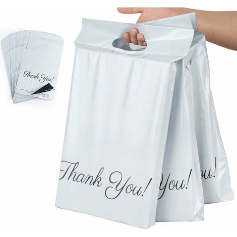 100pcs Sacs d'expédition en plastique 25 x 33cm+5cm+6cm,Sac de Courrier “Thank you” Fourre-tout Enveloppes Postales pour l'emballage,stockage,shopping-Blanc (1/4)