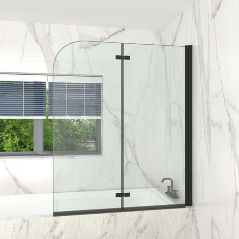 T&K Black 180° Pivot Bath Screen Bifold 1300x1400mm-2 Section Folding Shower Screen, 5mm Toughened Double-sided Easy Clean Glass