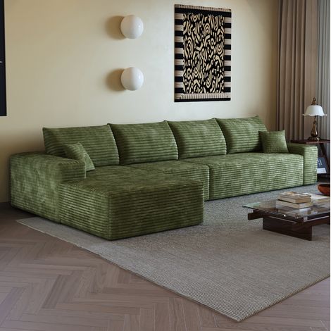 Divano angolare modulare con chaise longue reversibile, non richiede montaggio, seduta profonda, tessuto verde. (1/5)