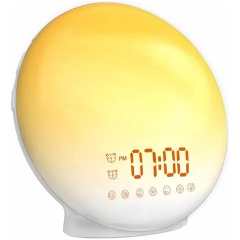 QORVA-Reveil Lumineux, Reveil Matin Simulateur d'Aube et Crépuscule, Snooze,7 Sons Naturels, FM Radio Réveil, Veilleuse LED 7 Couleurs, Lampe de Chevet