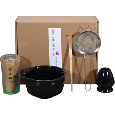 5-teiliges Matcha-Tee-Set aus Keramik, bestehend aus Schale, Besenhalter und Besen, schwarze Accessoires für die japanische Teezeremonie. (1/5)