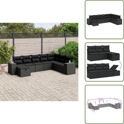 8-tlg. Garten-Sofagarnitur mit Kissen Schwarz Poly Rattan - Gartengestell - Outdoor-Möbel - Gartenmöbelset - Lounge Set - Rattan Gartenmöbel (1/5)