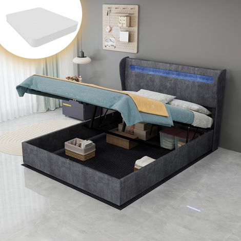 Lit capitonné moderne et minimaliste avec tête de lit souple intégrant un éclairage LED, 140 x 200 cm, gris, meuble de chambre multifonctionnel, sommier coffre haut avec mécanisme de levage à gaz, mat (1/5)