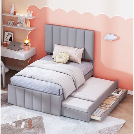 Cama tapizada de lino gris 90x200 cm con cama nido, 3 cajones y somier de láminas