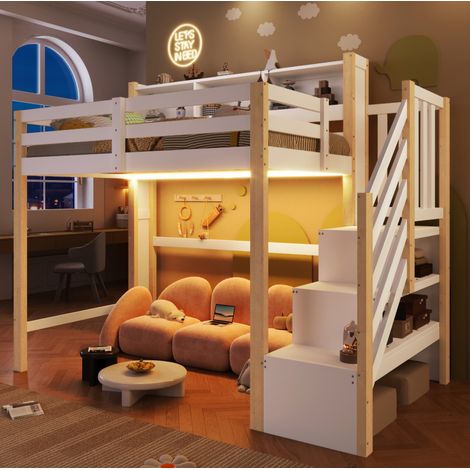 Hochbett 90x200 cm aus Holz Weiß/Natur mit LED für Kinderzimmer ohne Matratze – MEUBLIV (1/5)