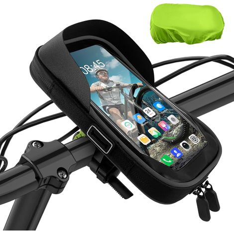 Supporto per telefono impermeabile, borsa da manubrio per bicicletta, supporto per telefono da bici per mountain bike, scooter e moto con copertura antipioggia, touchscreen girevole a 360° per smartph (1/5)