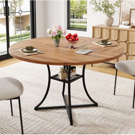 Table à manger ronde 100 x 100 x 75 cm pour 4 à 6 personnes, avec rangement, plateau MDF coloris noyer, métal noir (1/5)