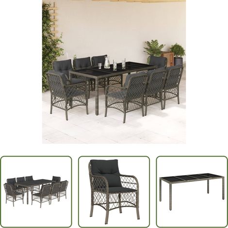 Gartenessgruppe - 9-tlg. Garten-Essgruppe mit Kissen Grau Poly Rattan (1/5)