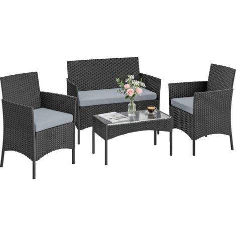 Salon de jardin extérieur 4 personnes en résine tressée avec canapés et table basse en verre trempé coussins inclus gris (1/5)
