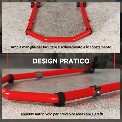 Support moto avant/arrière 390 kg, fourches en U et L, roulettes antidérapantes, rouge (1/5)