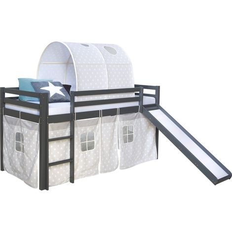 Cama alta de 90x200cm con escalera y tobogán de madera gris tejido con estampado de estrellas y túnel LIT06174
