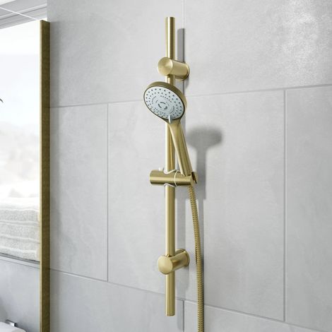 Bathroom Shower Kit Round Multispray Adjustable Handset Riser Rail Brushed Brass (1/5)