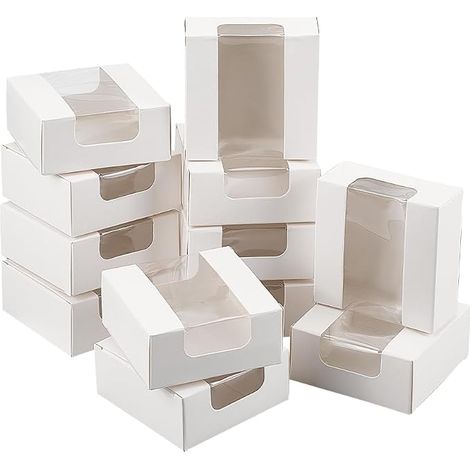 30 Pcs Gift Boxes with PVC Window, Folding Kraft Paper Gift Boxes 8 x 8 x 3.5 cm for Candy Boxes and Bakery Products and Jewelry Packaging, White (1/5)