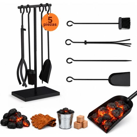 Relaxdays Accesorios Chimenea 5 Piezas, Modernos, Juego de Estufa con Atizador, Pinzas, Escoba, Pala y Soporte, Negro