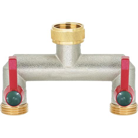 Répartiteur d'eau 2 voies pour raccordement simultané de deux appareils, 3/4" en laiton nickelé avec robinets à boisseau sphérique, régulateur de débit d'eau et verrouillable, 1 pièce (1/5)