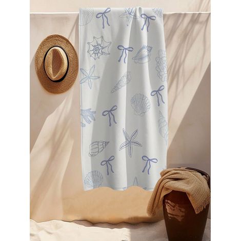1 serviette de plage géométrique, motif créatures marines bleues et blanches (étoile de mer, corail, palmier), cadeau pour fête de piscine, 80x180 cm (1/5)