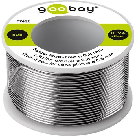 goobay Soldadura con fundente Ø 0,8 mm, 50 g - sin plomo para soldadura en componentes eléctricos, 0,3% plata, 7% cobre, 99% estaño, contenido de fundente 2,5%, punto de fusión 217 °C, 77422 (1/5)