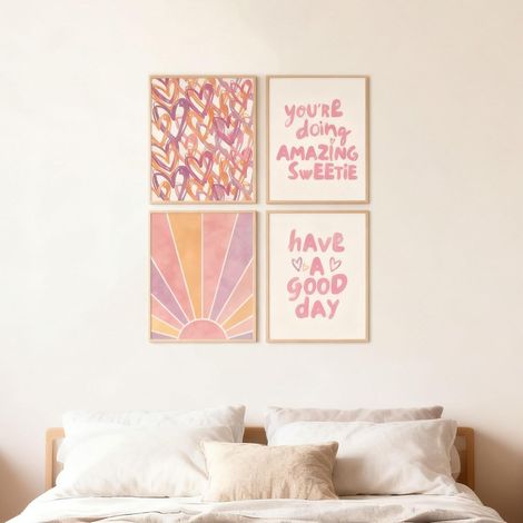 JSSEVN - Juego de 4 láminas decorativas de pared en tonos rosas, con diseños pastel para salón y dormitorio, 30 x 40 cm (1/5)