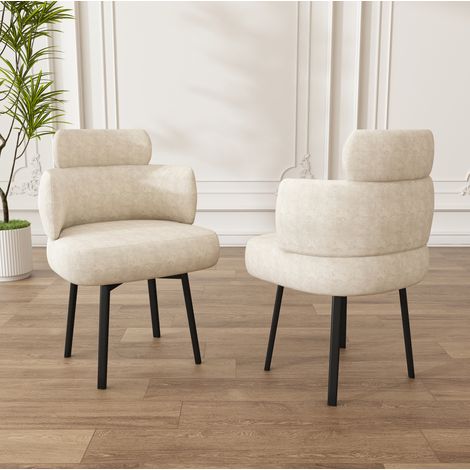 Chaise de salle à manger pivotante avec accoudoirs, chenille et piètement métal, blanc crème (1/5)
