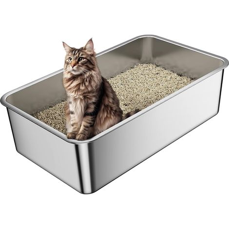 Large Stainless Steel Cat Litter Tray for Cats and Rabbits, Does Not Absorb Odours, Stain-Proof, Rust-Proof, Smooth Surface Non-Stick, Non-Slip Rubber Base, 60 x 40 x 15 cm (1/5)