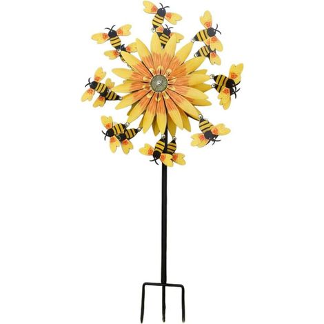 Molino de viento en forma de girasol y abeja, molino de viento de jardín al aire libre con varilla de metal, decoración giratoria accionada por brisa para césped, jardín, patio, porche (A) (1/5)