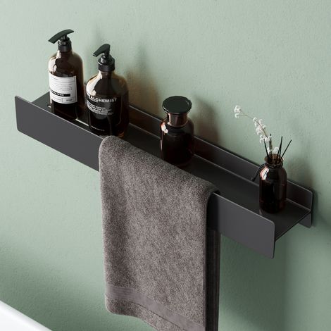 Mai & Mai Étagère Murale de Rangement en Almélec Porte-Serviettes au Mur Support Rangement à Poser à Susprendre pour Salle de Bain Cuisine Noir Mat 60×11×8 CM Reglo-03 (1/5)