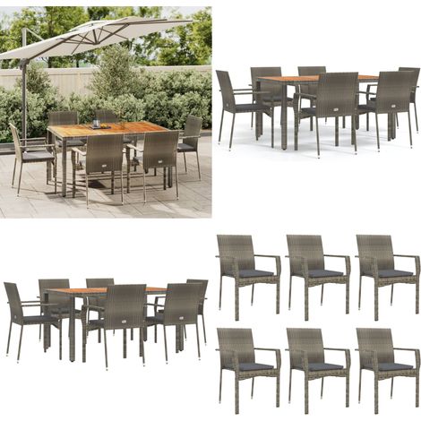 7-tlg. Garten-Essgruppe mit Kissen Grau Poly Rattan - Gartenmöbel - Essgruppe - Gartentisch - Gartenstühle - PE-Rattan - Home & Living