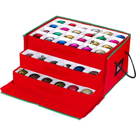 Wintem – Scatola Porta Addobbi di Natale con 3 Cassetti Estraibili per 72 Palline di Natale, Struttura Rigida in TNT 51x35x24 cm, Zip Robusta e Etichetta Trasparente per Conservazione Ordinata (1/5)