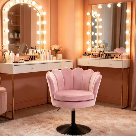 Silla giratoria de terciopelo rosa con base de metal, altura regulable 43-55 cm, 61,5 x 65 x 71-83 cm (1/5)