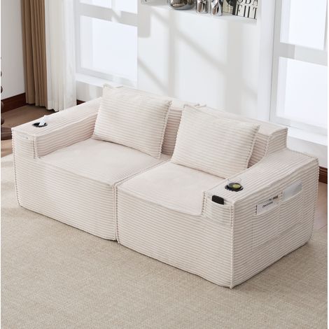 Modulares 2-Sitzer-Sofa 188x90x75 cm Beige Cord mit Getränkehaltern, Seitentaschen und Federkern (1/5)
