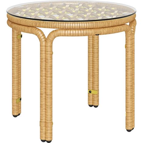 Table Basse Jardin - Résine Tressée - Plateau Verre Sécurité 5 mm - Ø 50 x H 44 cm - Jaune - 1 Pièce (1/5)
