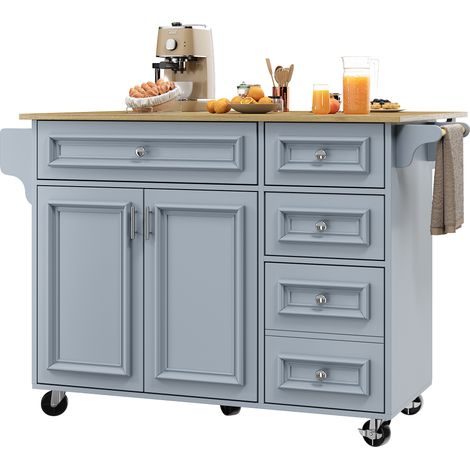Îlot de cuisine 110×45-75×92 cm,îlot moderne,meuble de cuisine,desserte amovible style buffet,chariot de service motif vintage,table multifonction avec espace de rangement,bleu