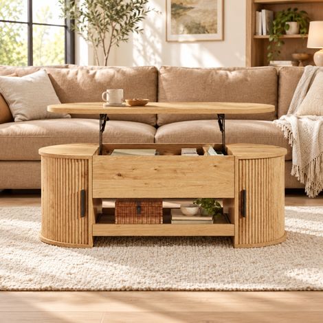Table basse relevable 110 x 55 x 55 cm en MDF naturel avec rangements et portes coulissantes (1/5)