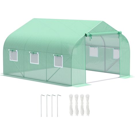 Serre potager tunnel 3,5x3x2 m 6 fenêtres porte roulante toit en pente bâche PE vert