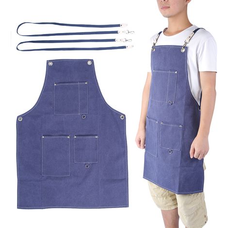 Tablier de cuisine bleu en toile imperméable et épaisse pour dessin, peinture, coiffure et travail (1/5)