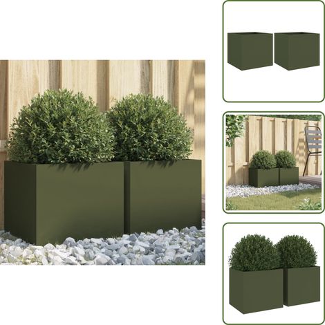 The Living Store Pflanzkübel 2 Stk. Olivgrün 32x30x29 cm Stahl - Blumentopf - Stahltöpfen - Gartendeko - Balkonpflanzen - Terrasse Bepflanzung (1/5)