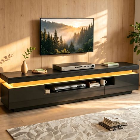 Meuble TV noir brillant LED avec 2 portes, 1 tiroir et rangement ouvert, design moderne, 175 x 38 x 45 cm (1/5)