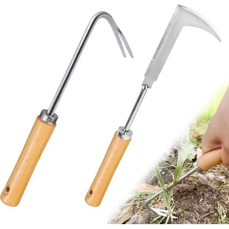 Desmalezadora manual de 2 piezas, de acero inoxidable con mango ergonómico de madera, extractor de malezas, cuchillo desmalezadora, herramienta para desmalezar su jardín y cavar.