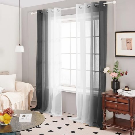 2er-Set transparente Gardinen, dekorative Ösengardinen, 132 × 213 cm, Farbverlauf, für Mädchenzimmer, Wohnzimmer, Zuhause, Fenster, Balkon, Schwarz (1/4)