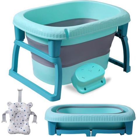 Vasca pieghevole ultra-compatta, cuscino da bagno incluso, tappo di scarico, piedi pieghevoli, antiscivolo e facile da riporre - blu