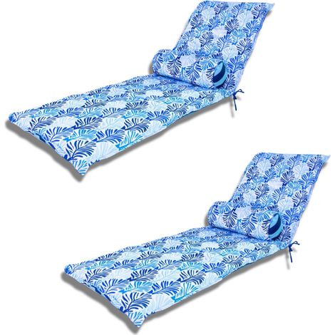Lot 2 Coussins Chaise Longue 195x60 Motif Feuillage Bleu + 2 Traversins - Anti-UV (1/4)